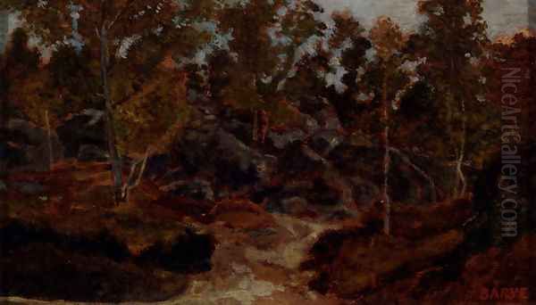 Rochers En Foret De Fontainebleau Oil Painting by Antoine-louis Barye