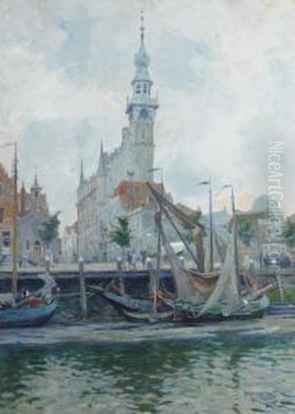 A View Of Veere With The Town Hall Beyond Oil Painting by Hendrik Jan Wolter