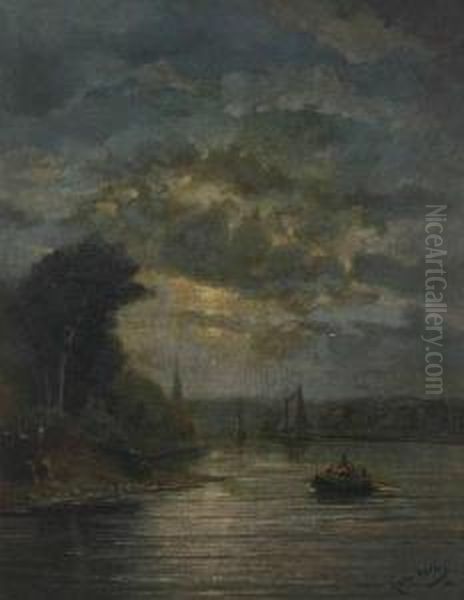 Bootje Op Het Meer Bij Maanlicht Oil Painting by Eugene Wolters