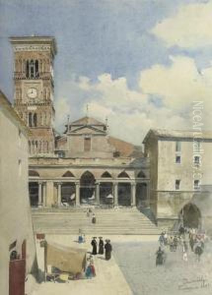 Activities On The Piazza Del Duomo, Terracina Oil Painting by Peter Woltze