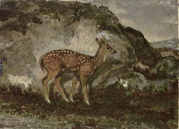 A Fawn Oil Painting by Antoine-louis Barye