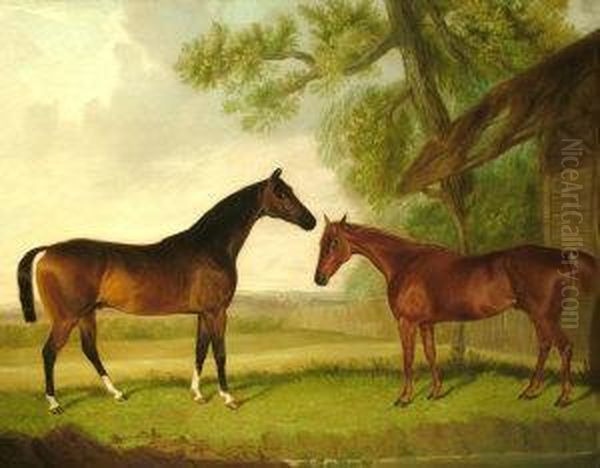 Two Chestnut Hunters By A Stable In A Landscape Oil Painting by William Wombill