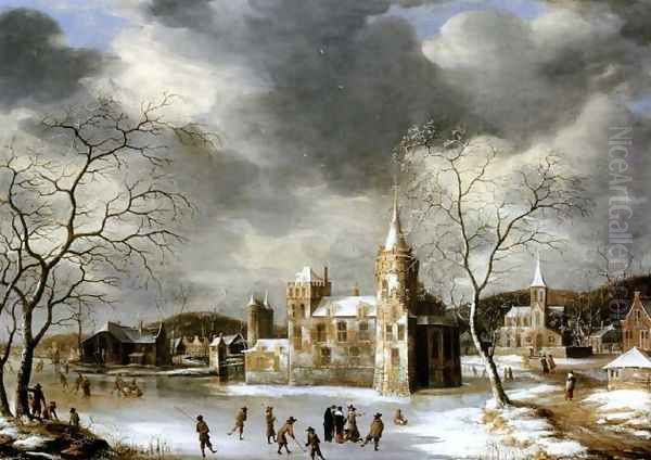 A castle on a frozen lake with skaters Oil Painting by Abraham Beerstraten