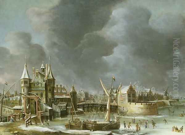 A View of the Regulierspoort, Amsterdam, in winter Oil Painting by Abraham Beerstraten