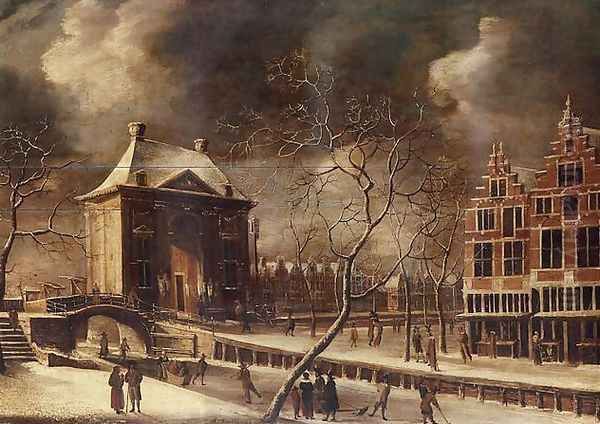 The Heiligewegspoort, Amsterdam, from the north-east in winter, with skaters on the frozen canal 1662-64 Oil Painting by Abraham Beerstraten