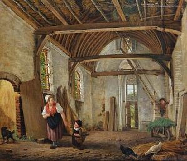 Mother And Children In A Barn Oil Painting by Pieter Christoffel Wonder