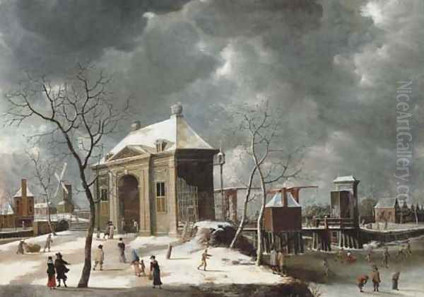 The Heiligewegspoort, from The north-west, with skaters on the frozen canal Oil Painting by Abraham Beerstraten