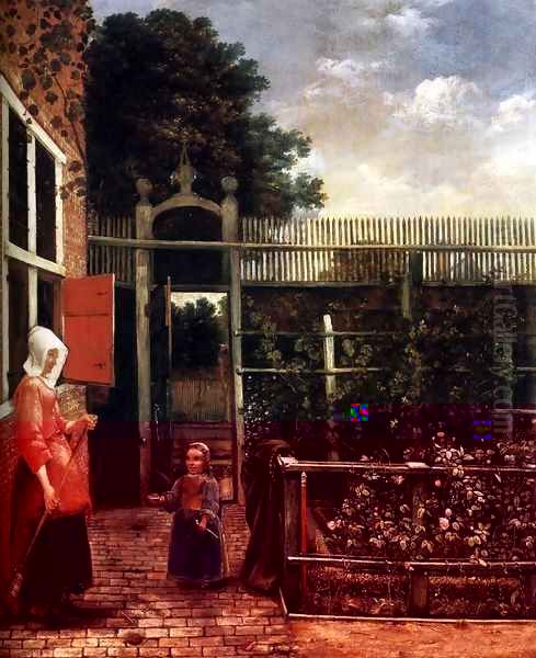 Woman with a Child Blowing Bubbles in a Garden Oil Painting by Hendrick Van Der Burch