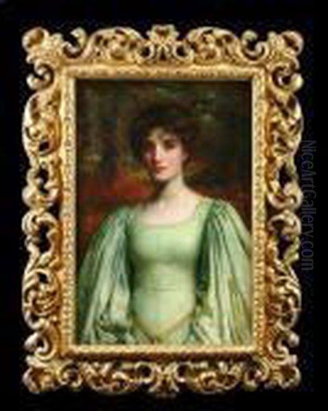 Portrait Ofa Young Woman Half Length, Wearing A Green Dress, In A Woodlandsetting Oil Painting by William Clarke Wontner