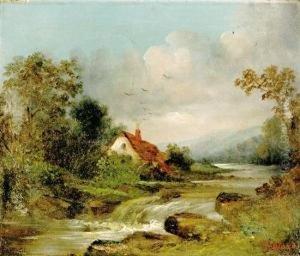 Two Works: Cottage By Stream And Fishing In Marsh Oil Painting by Wood