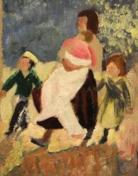 Mother And Child And Children In A Garden Oil Painting by Christopher Wood