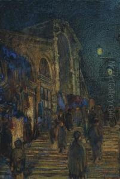 Figures On A Bridge At Night Time, Possibly The Rialto Bridge Oil Painting by Edgar Thomas Wood