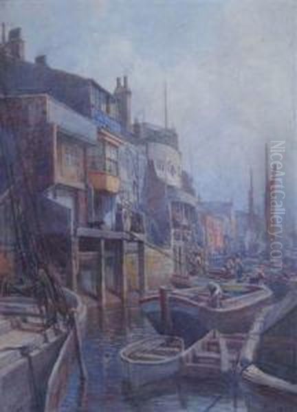 Boats Docked In A London Harbour Oil Painting by Edgar Thomas Wood