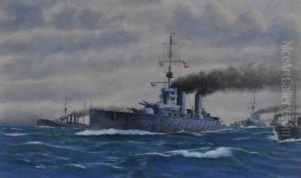 Convoy Of British Battleships At Sea by Frank Watson Wood