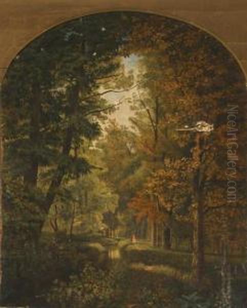 Forest Interior With Figures Beside A Stream Oil Painting by George Bacon Wood Jnr.