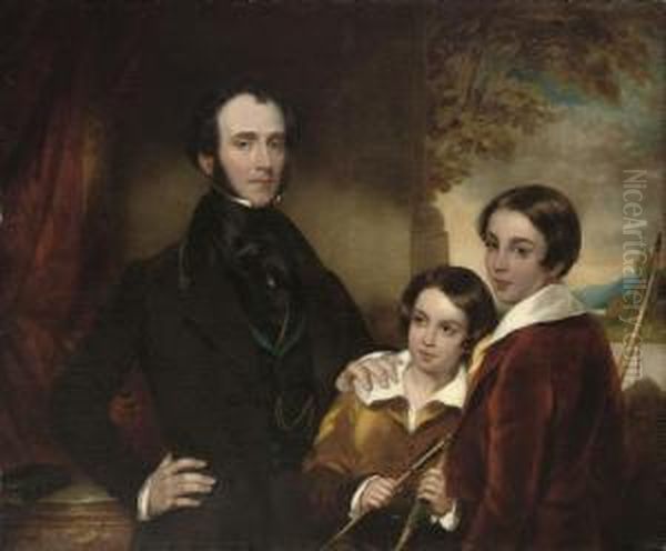 Portrait Of A Gentleman, Half-length, In A Black Coat With His Two Sons In Red And Yellow Coats, Holding Bows And Arrows, Beside A Partly-draped Column, A River Landscape Beyond Oil Painting by John Wood