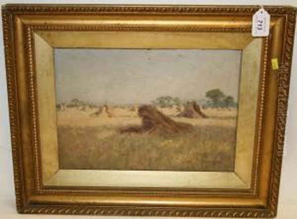 Haystacks In A Field Oil Painting by John Barlow Wood