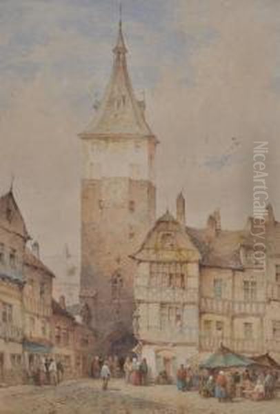 Continental Town Scene Oil Painting by Lewis John Wood