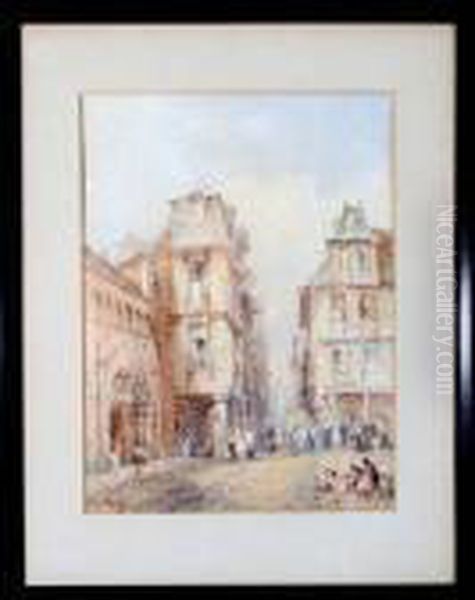 A Continental Street Scene Oil Painting by Lewis John Wood