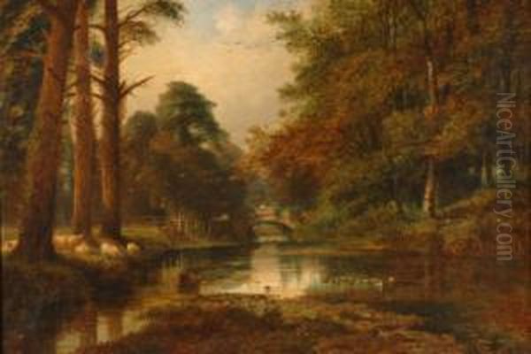 'up Stream On The Rother' River Landscape, Figure On A Bridge And Sheep Grazing, Oil On Canvas, Unsigned, Title And Incorrect Spelling Of Artist's Name And Dated 1882 To Plaque Attached To The Frame, 46 X 61cms Oil Painting by Lewis Pinhorn Wood