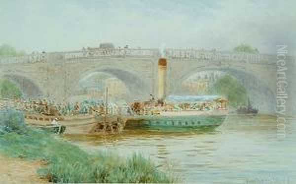 Arrival Of A Steamer At The Old Kew Bridge Oil Painting by Lewis Pinhorn Wood