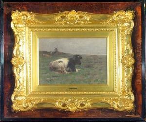 Cows In A Pasture With A Windmill In The Distance Oil Painting by Ogden Wood