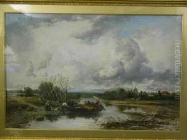 River Landscape With Family Being Punted Over Ariver And Distant Village, All Under An Expansive Sky, Oil Painting by R.H. Wood