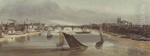 London Bridge from Southwark Bridge (Monument on left), 1842 Oil Painting by Thomas Shotter Boys