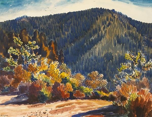 Autumn Brush With Blue Hills, Thought To Becarmel Valley Oil Painting by Stanley Huber Wood