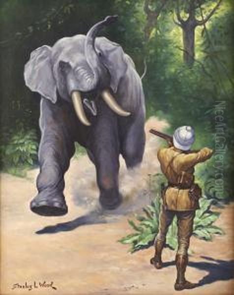 Elephant Hunter, Book Illustration Oil Painting by Stanley L. Wood