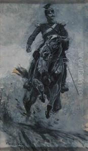 Military Officer On Horse Charging Towards Viewer. Oil Painting by Stanley L. Wood