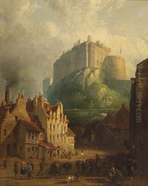 A View Of Edinburgh Castle From Below, With Figures And Horses In The Foreground Oil Painting by Thomas Peploe Wood