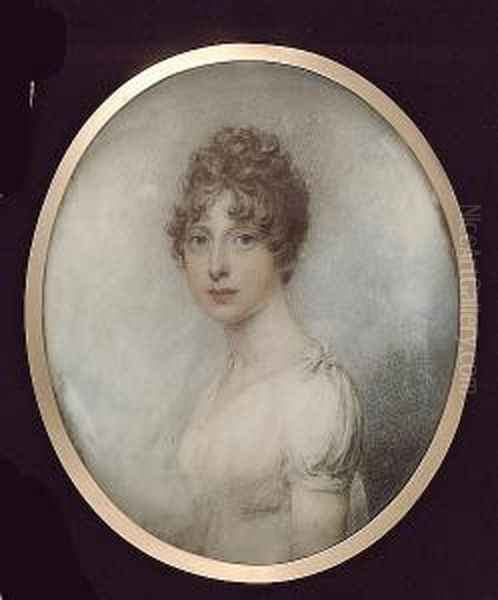 Miss Frances Wright, Wearing White Dress With Small Bow At Her Shoulder Oil Painting by William Ii Wood