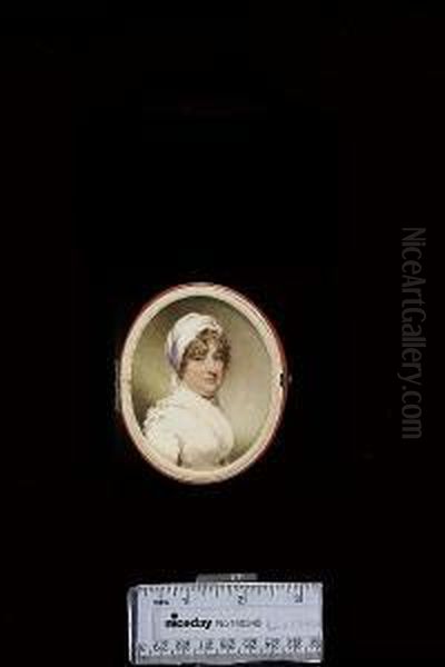 Mrs Beachcroft, Wearing White Dress With Frilled Fichu And Turban Striped With Mauve Oil Painting by William Ii Wood