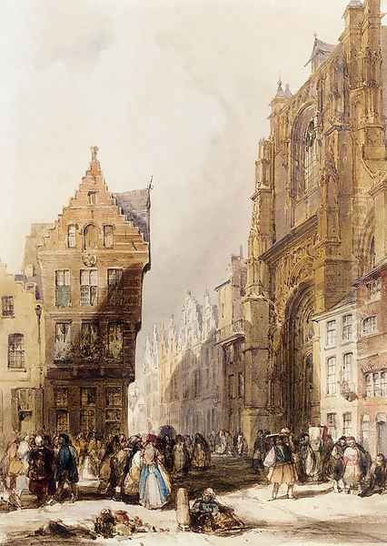 Figures On A Street In A Market Town, Belgium Oil Painting by Thomas Shotter Boys