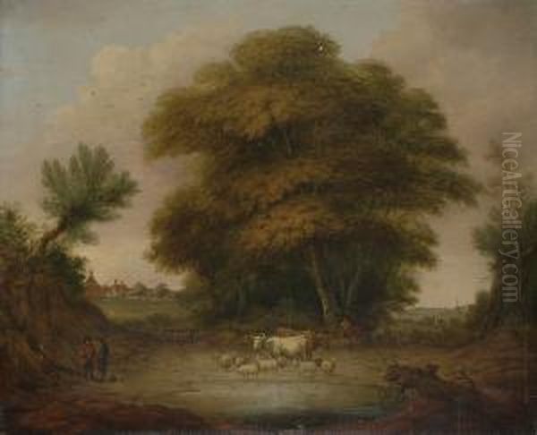 A Wooded Landscape With Shepherds With Their Livestock Grazing In A Field, A Village Beyond. Oil Painting by William Woodall