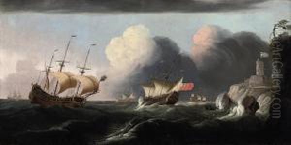 A Squadron Of The Red In Heavy Seas Off A Fortified Headland Oil Painting by Robert Woodcock