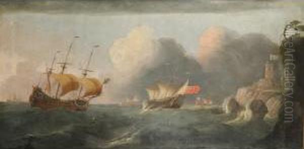 Men O'war In Heavy Seas Off A Rocky Promontory With A Fort And Numerous Figures Oil Painting by Robert Woodcock