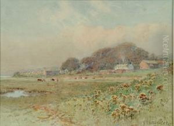 A Marsh Side Farm - Possibly Morcambe Bay Oil Painting by William Woodhouse