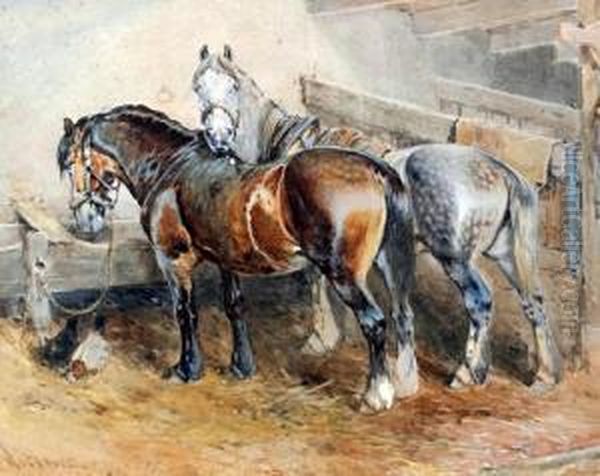 Horses And Chickens In A Stable Oil Painting by William Arnold Woodhouse