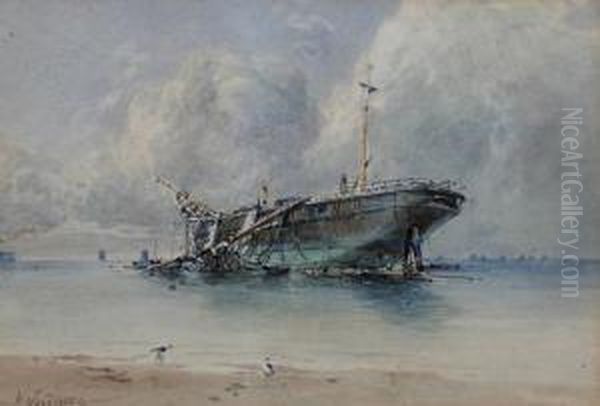 Dismasted And Beached Vessel On The Coast Oil Painting by William Arnold Woodhouse