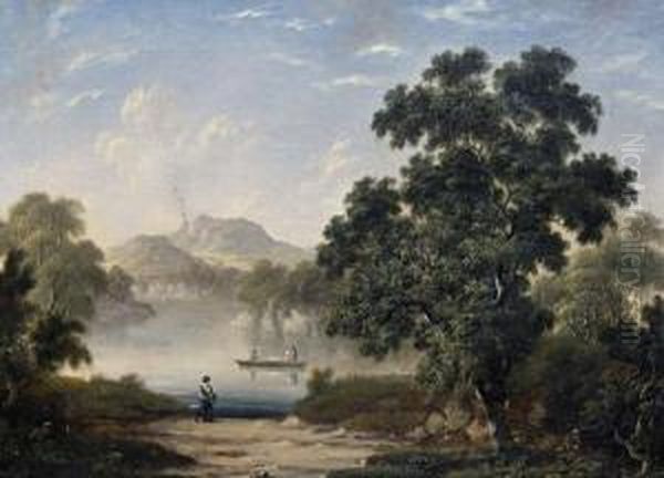 Lake Landscape With Figures In A Boat Oil Painting by Robert, Reverend Woodley-Brown