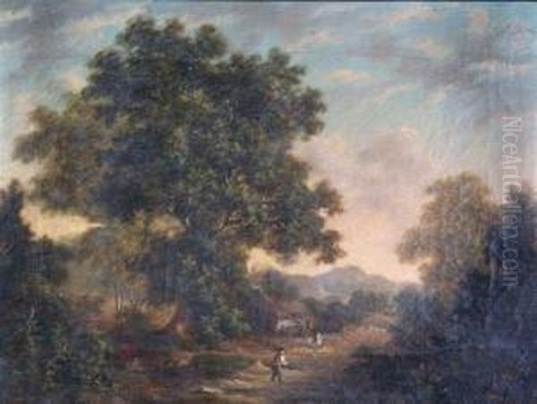 A Rural Wooded Landscape With Cottage And Figures Oil Painting by Robert, Reverend Woodley-Brown