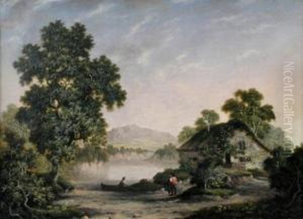 Cottage In A Landscape With Fishermen By A Lake Oil Painting by Robert, Reverend Woodley-Brown