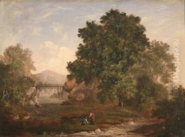 Two Figures On The Bank Of A River Oil Painting by Robert, Reverend Woodley-Brown