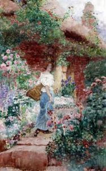 Young Lady In A Cottage Garden Oil Painting by David Woodlock