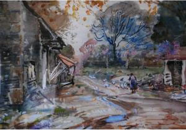 'old Farm, Newby Bridge' Oil Painting by Albert Woods