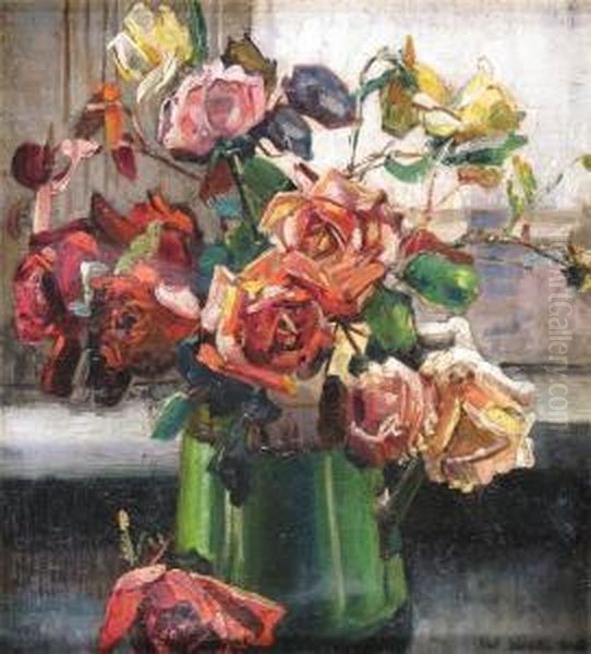 Still Life Of Roses In A Green Jug Oil Painting by Albert Woods