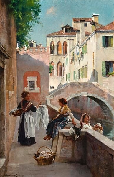 Laundry Girls In Venice Oil Painting by Henry Woods