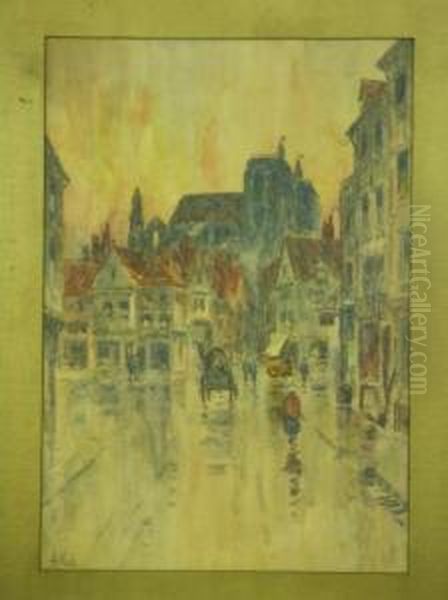 Street Scene On A Wet Day Oil Painting by Henry Woods